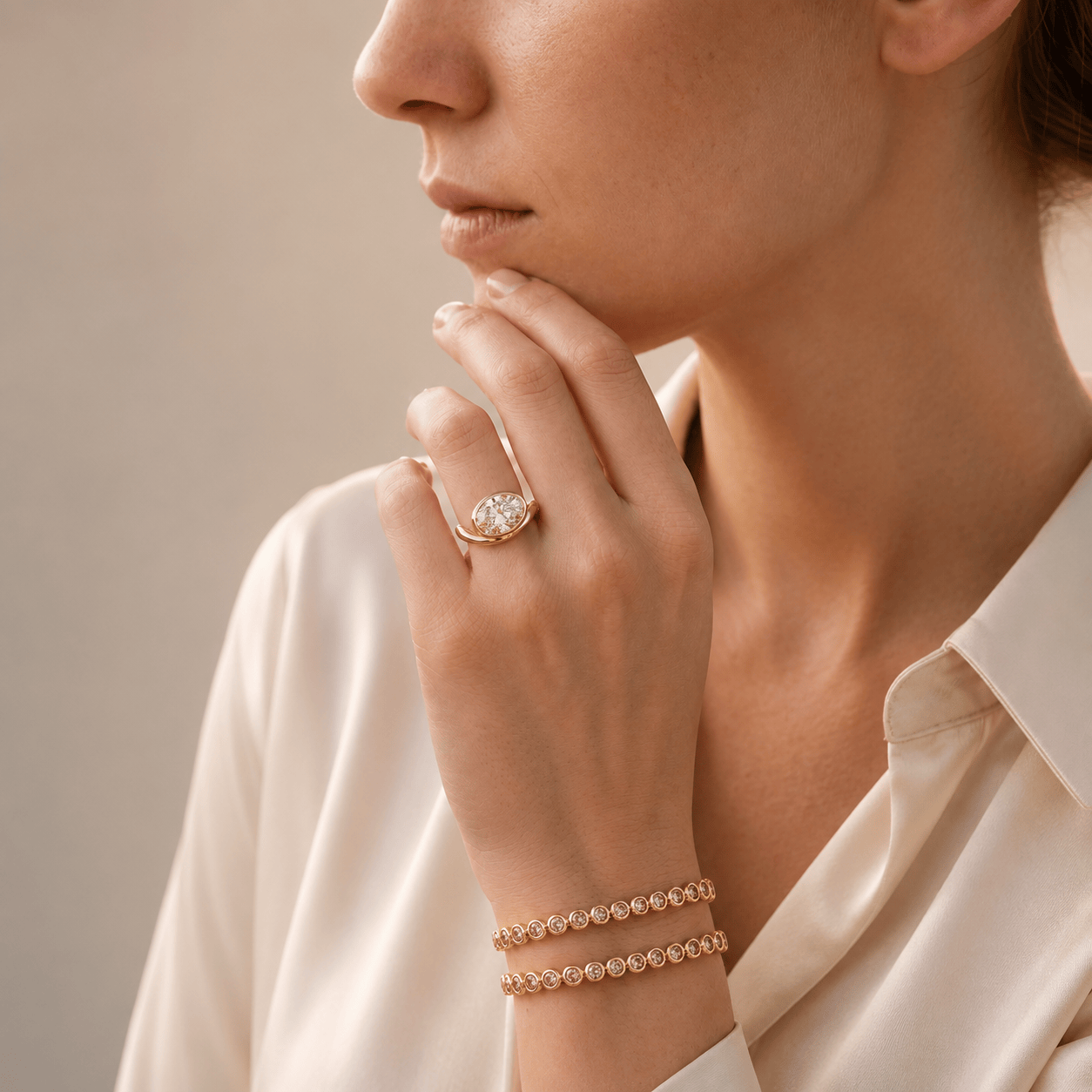 Rings 14K and 18K Gold Bezel Oval Diamond Wave Ring, Lab Grown