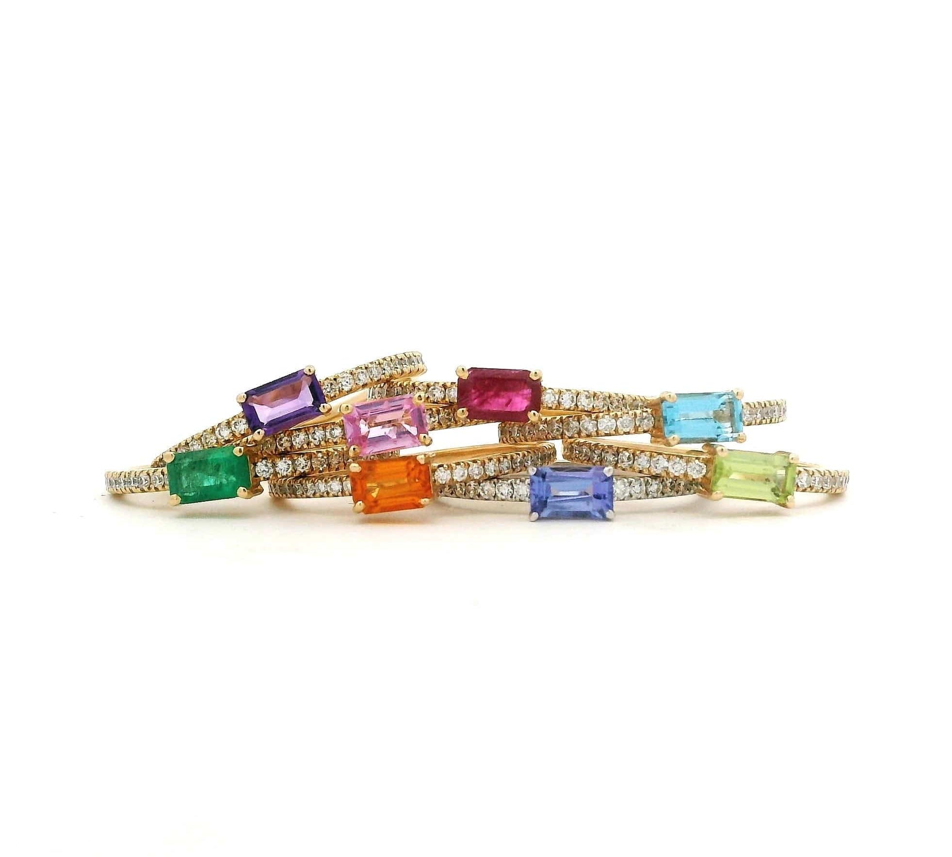 Rings 14K Gold Babycake East West Colored Gemstone Baguette And Diamond Ring