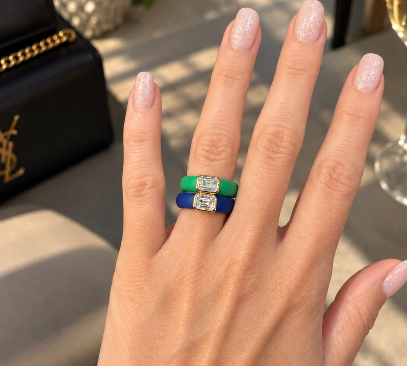 Rings 14K gold Silicone Stretch Bezel Set Emerald Cut Diamond Ring, 1-1.2 cts , Lab Grown, 5.7 mm Band