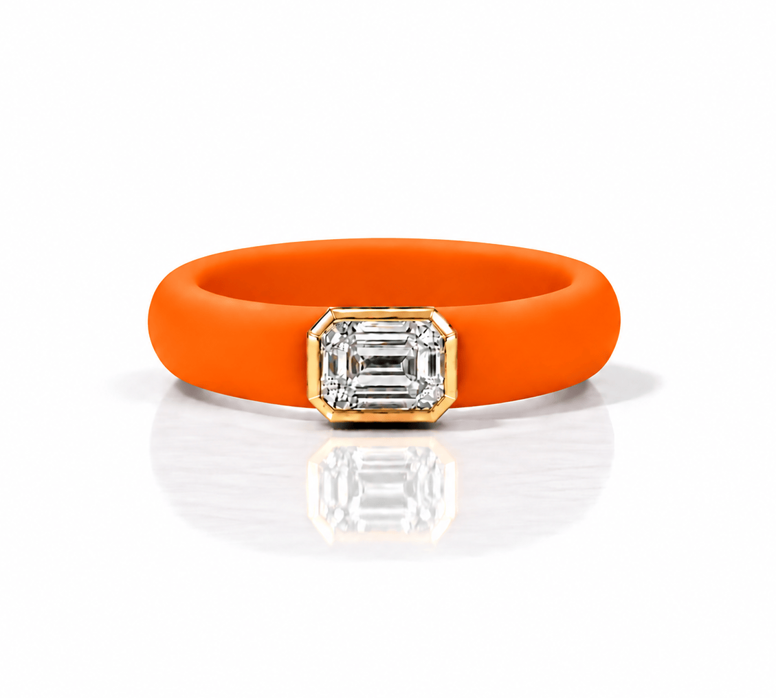 Rings 14K gold Silicone Stretch Bezel Set Emerald Cut Diamond Ring, 1-1.2 cts , Lab Grown, 5.7 mm Band