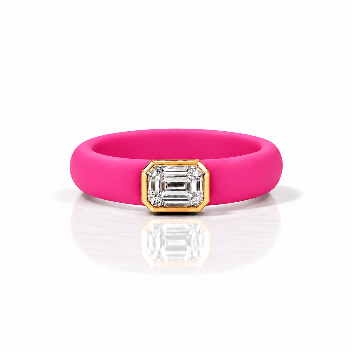 Rings 14K gold Silicone Stretch Bezel Set Emerald Cut Diamond Ring, 1-1.2 cts , Lab Grown, 5.7 mm Band