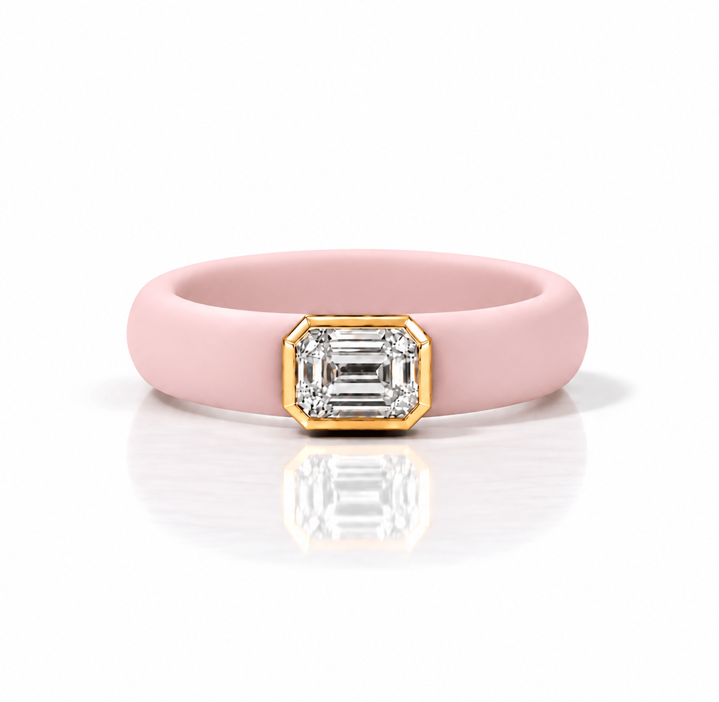 Rings 14K gold Silicone Stretch Bezel Set Emerald Cut Diamond Ring, 1-1.2 cts , Lab Grown, 5.7 mm Band
