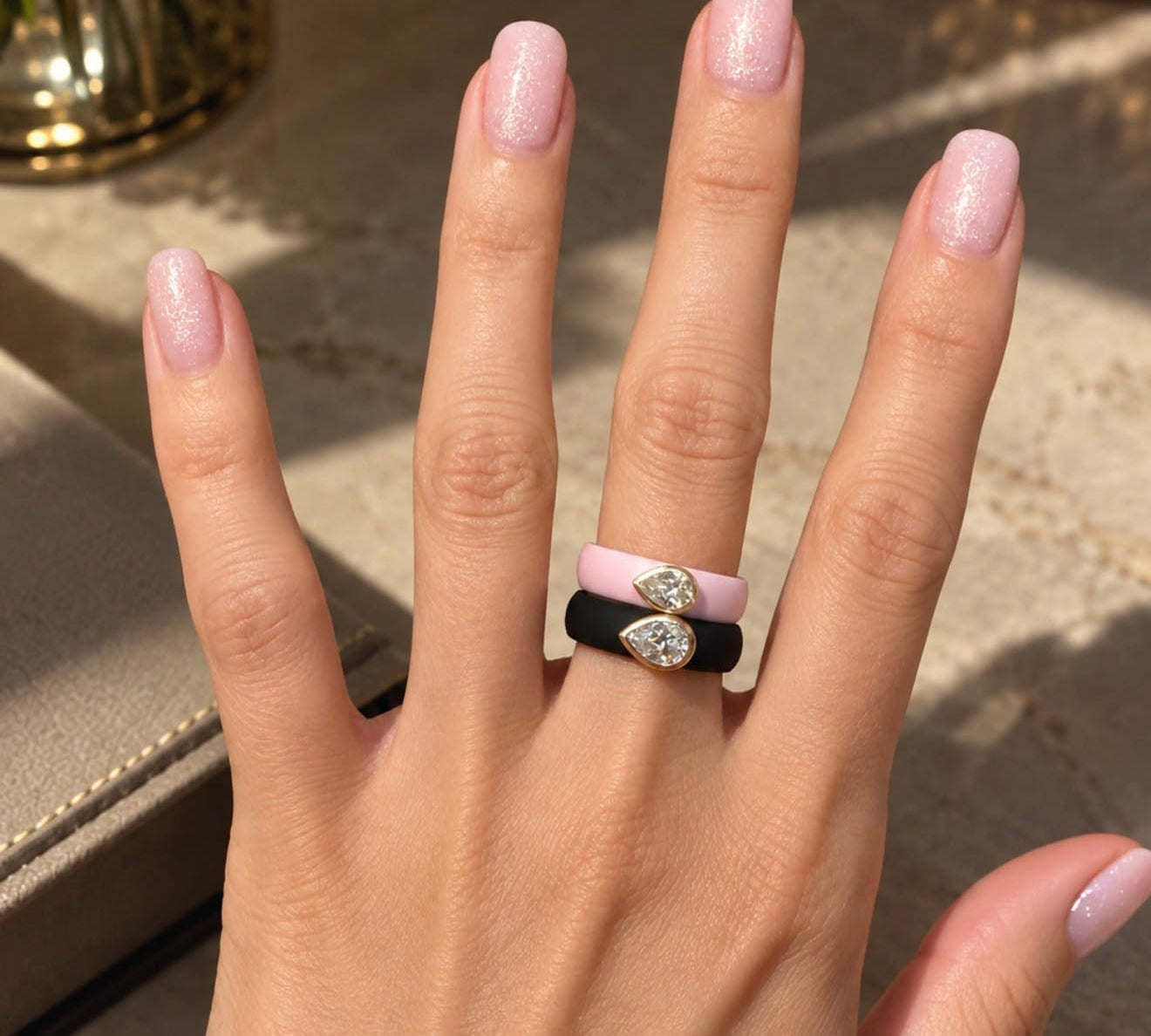 Rings 14K gold Silicone Stretch East West Bezel Set Pear Diamond Ring, .42-.45 cts Lab Grown