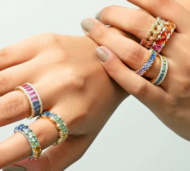 Rings 14K or 18K Gold Cushion Cut Rainbow Sapphire and double Pave Diamond Eternity Band