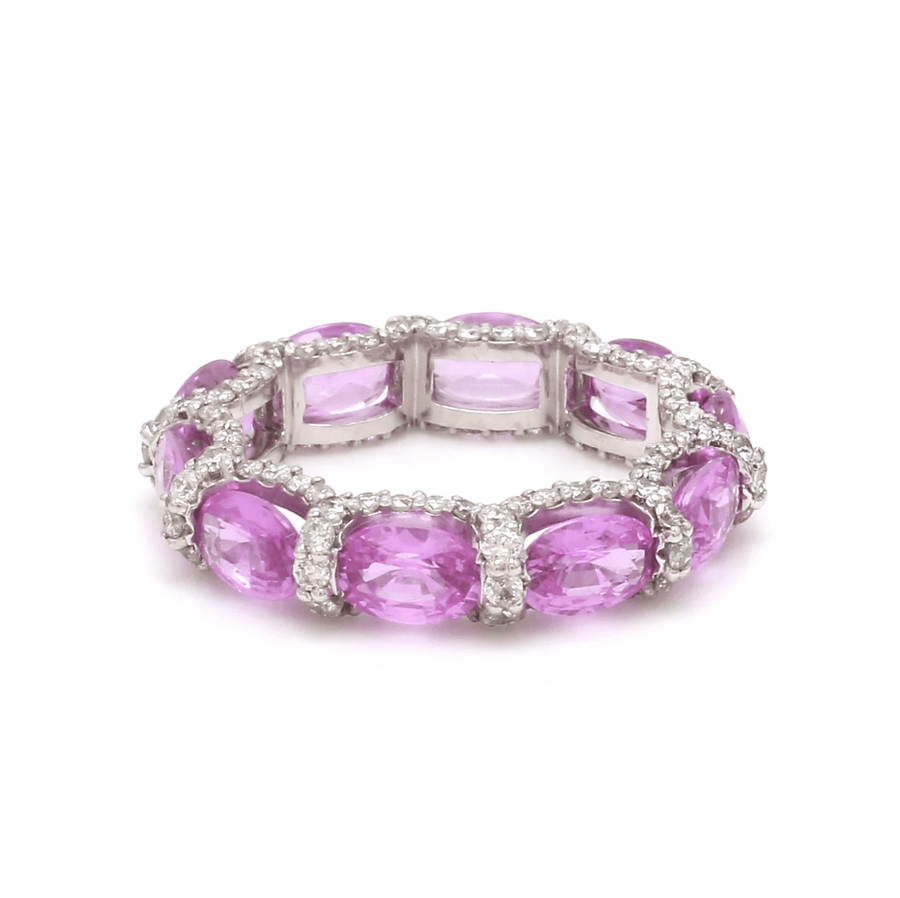 Rings 14K or 18K Gold Oval East West Pink Sapphire and Pave 360 Diamond Eternity Band