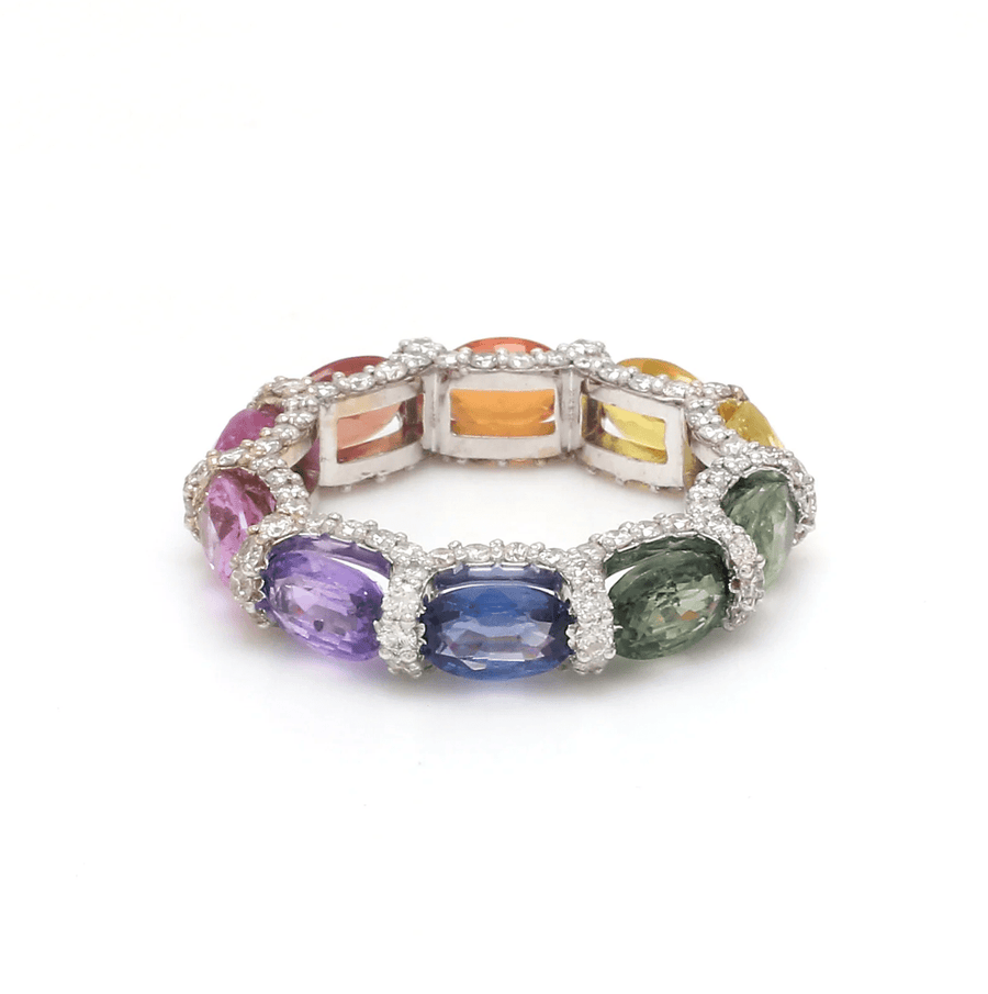 Rings 14K or 18K Gold Oval East West Rainbow Sapphire and Pave 360 Diamond Eternity Band