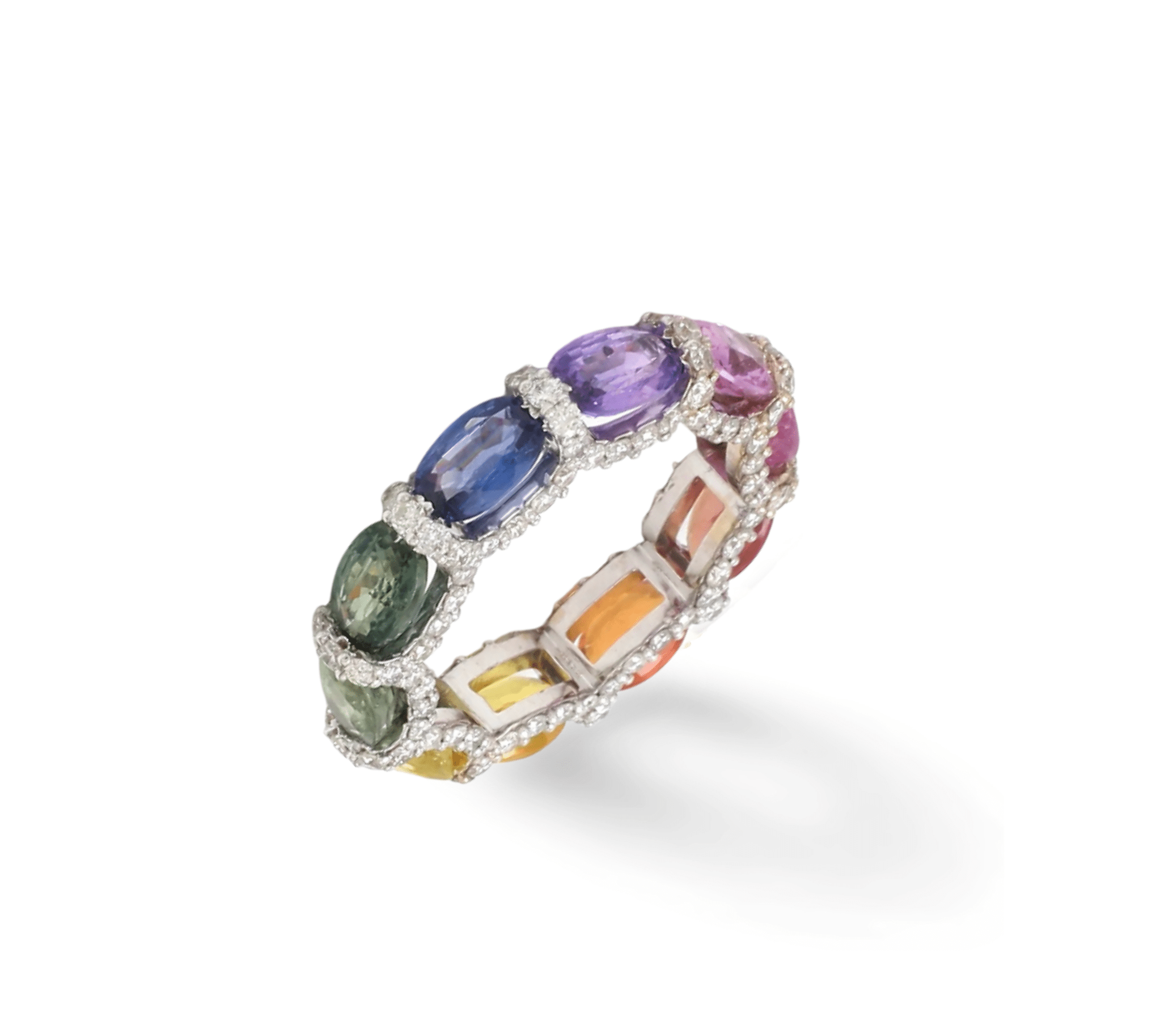 Rings 14K or 18K Gold Oval East West Rainbow Sapphire and Pave 360 Diamond Eternity Band
