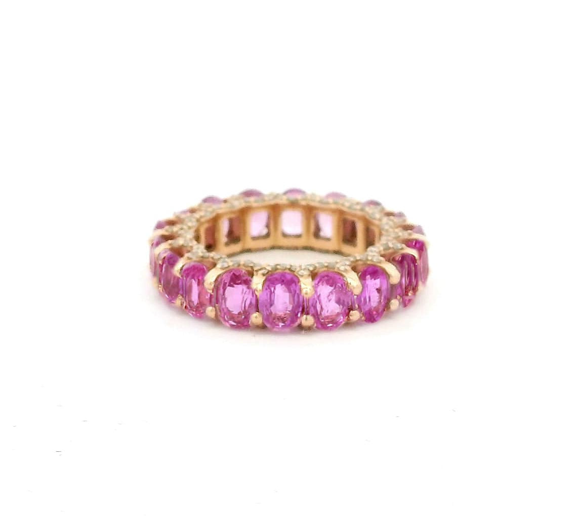 Rings 14K or 18K Gold Oval Pink Sapphire and Pave Diamond Eternity Band