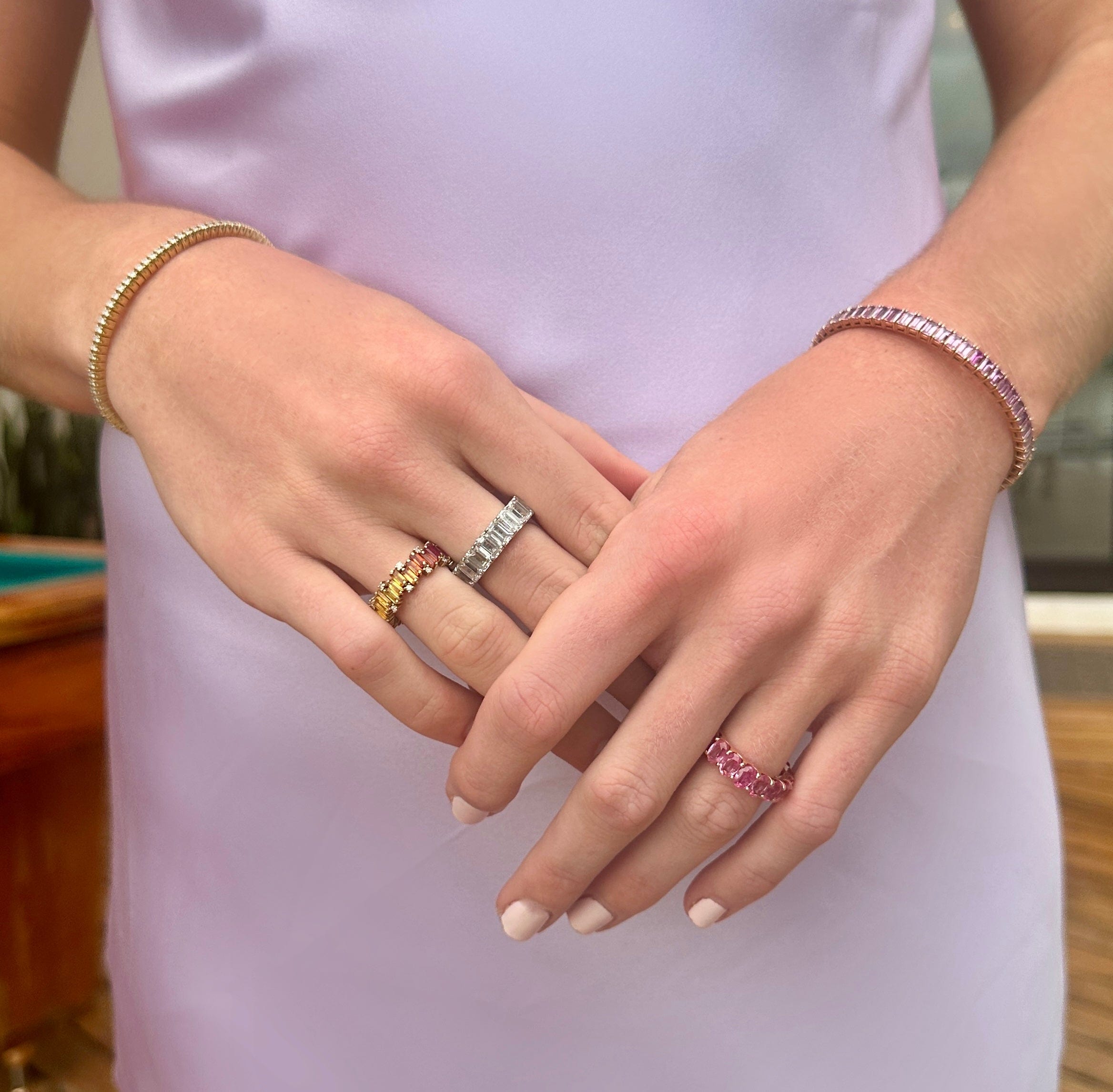 Rings 14K or 18K Gold Rainbow Sapphire and Diamond Eternity Band, Random Set