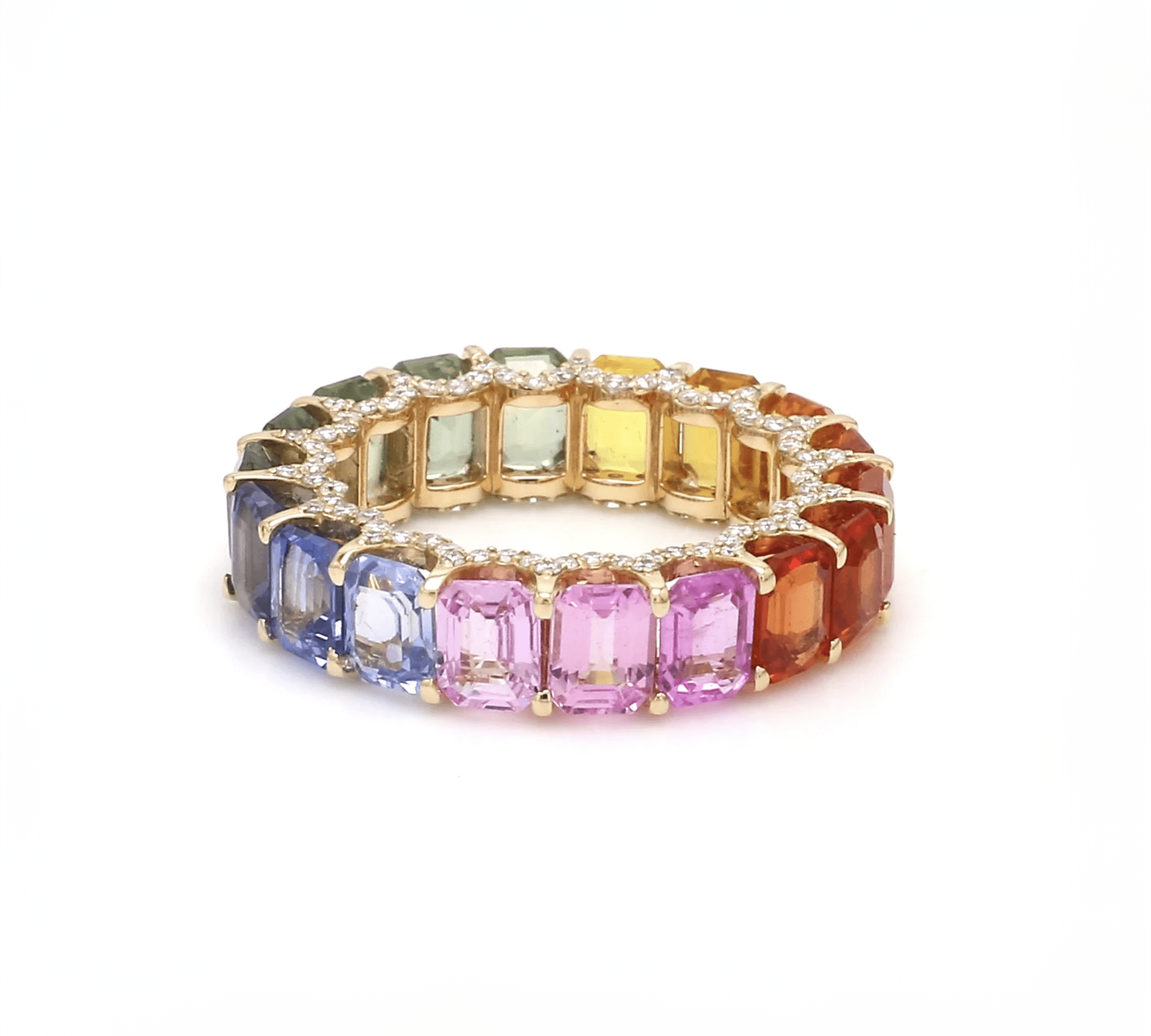 Rings 14K or 18K Gold Rainbow Sapphire and Pave Diamond Eternity Band
