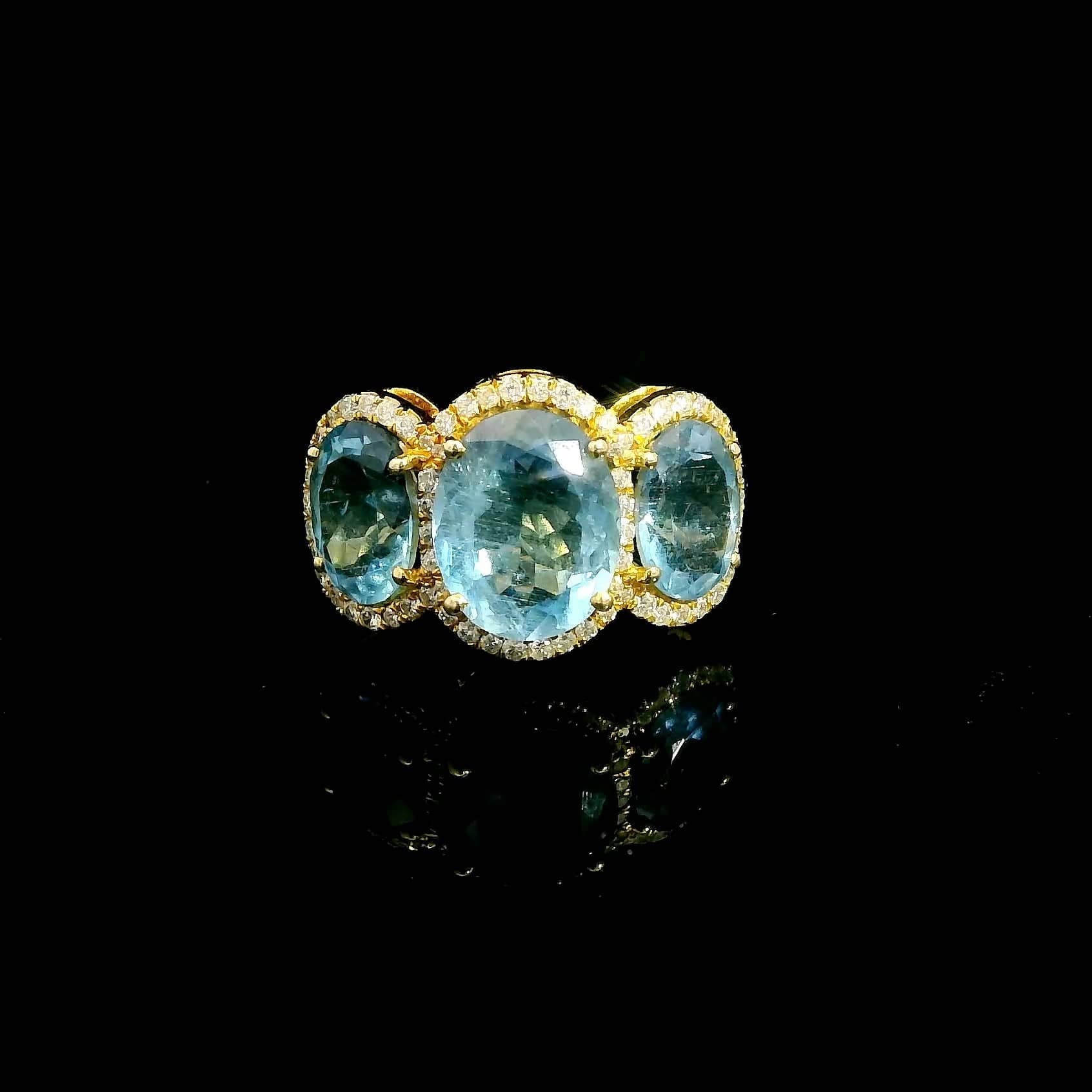Rings 14K or 18K Gold Trio Aquamarine And Diamond Ring