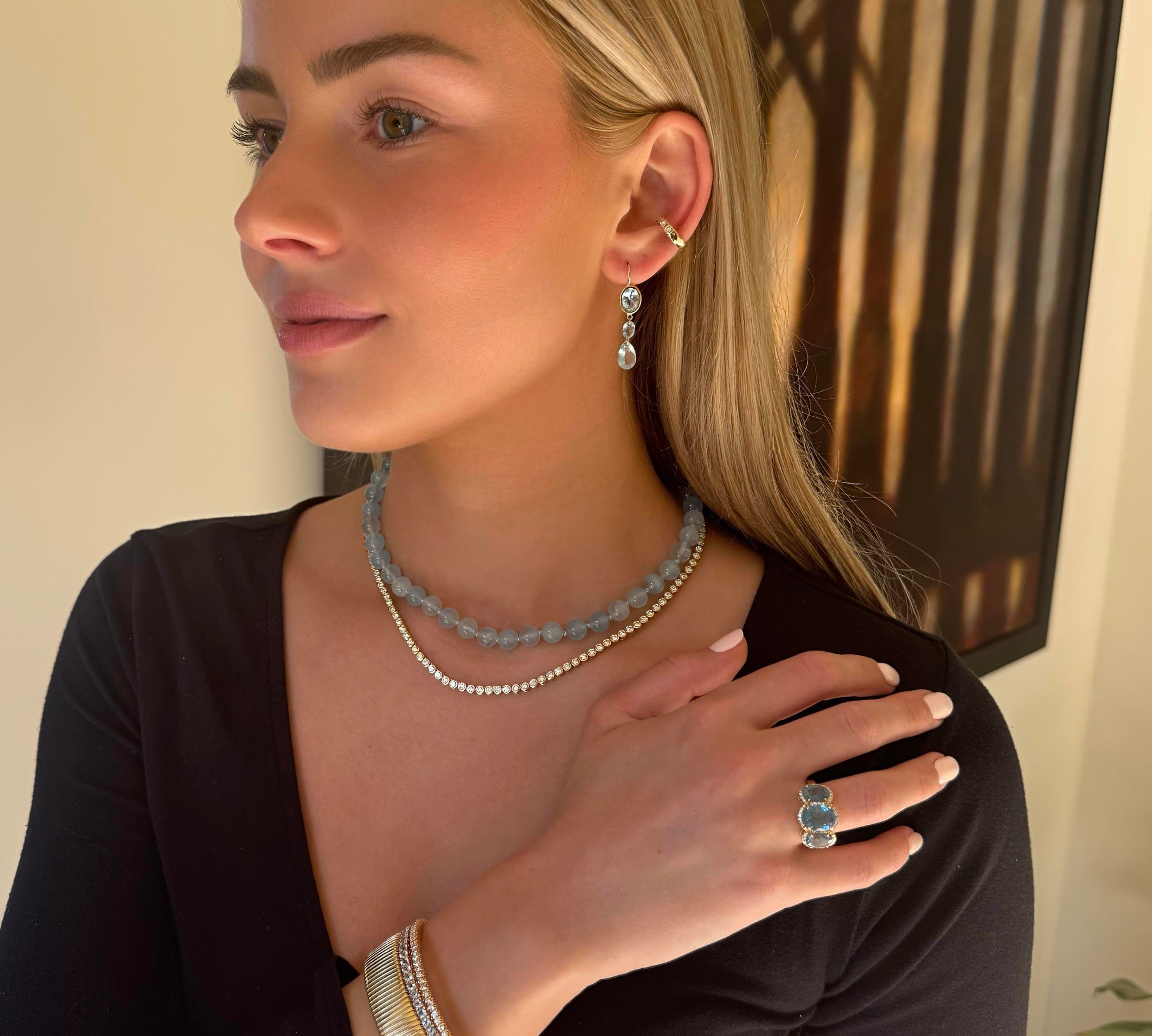 Rings 14K or 18K Gold Trio Aquamarine And Diamond Ring