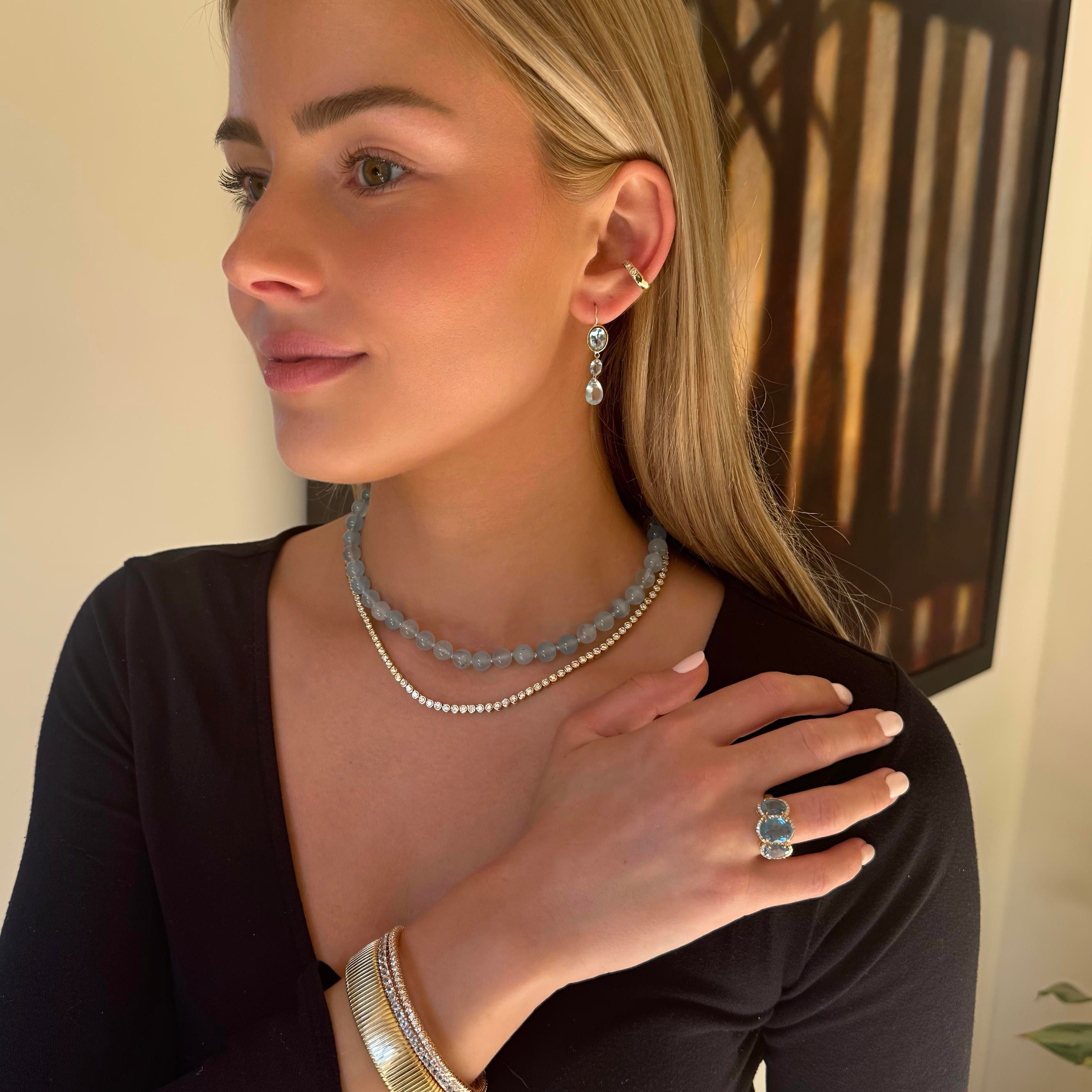 Rings 14K or 18K Gold Trio Aquamarine And Diamond Ring