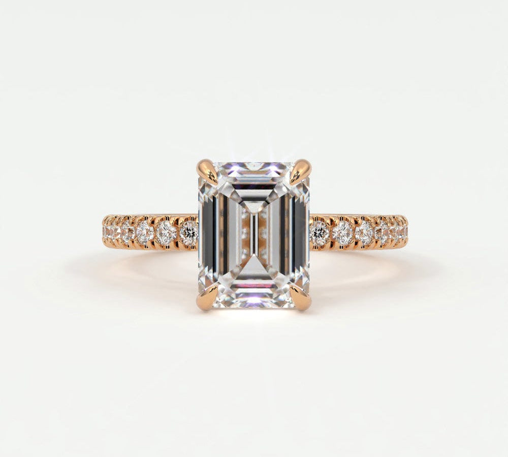 Rings 14K Rose Gold / 10.5 Emerald Cut Pave Diamond Single Row, Hidden Halo