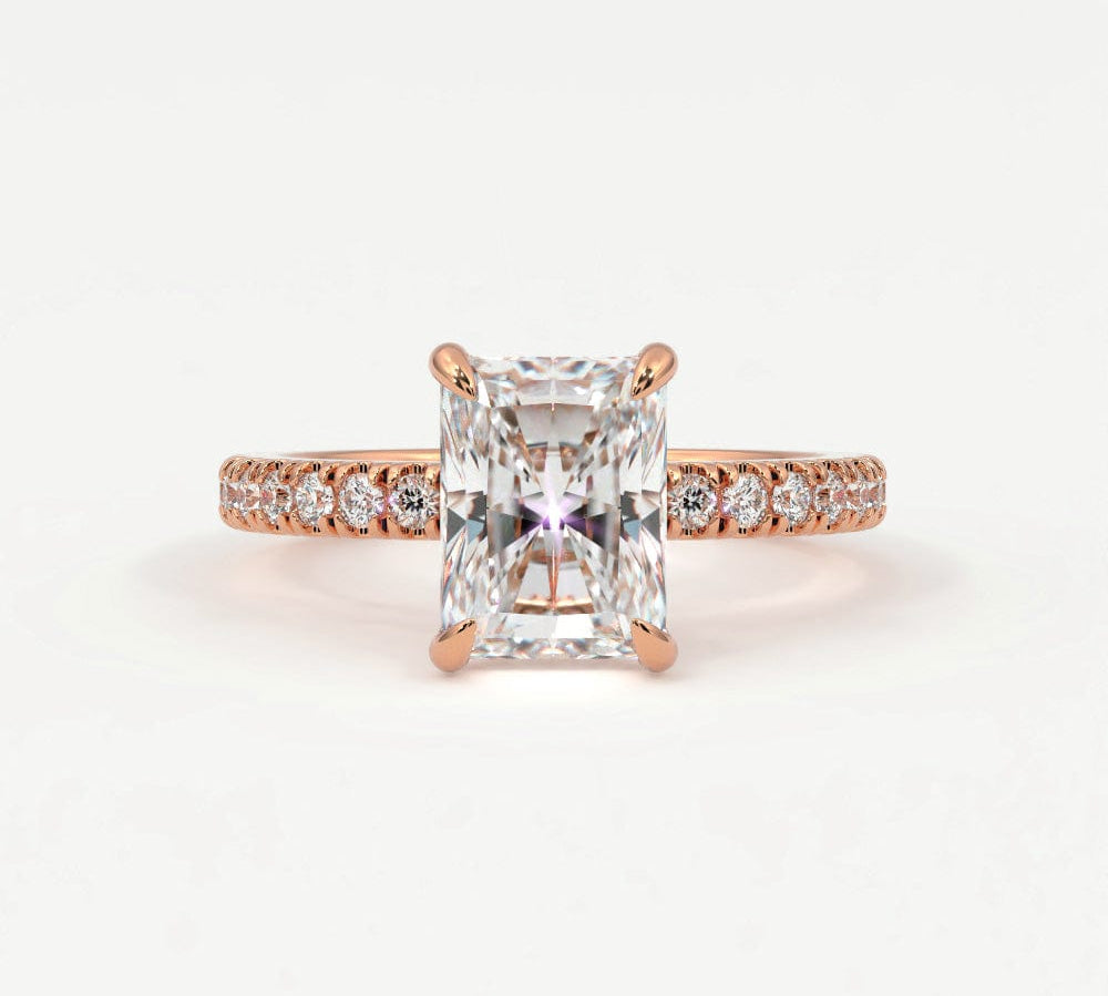 Rings 14K Rose Gold / 10.5 Radiant Cut Pave Diamond Single Row, Hidden Halo