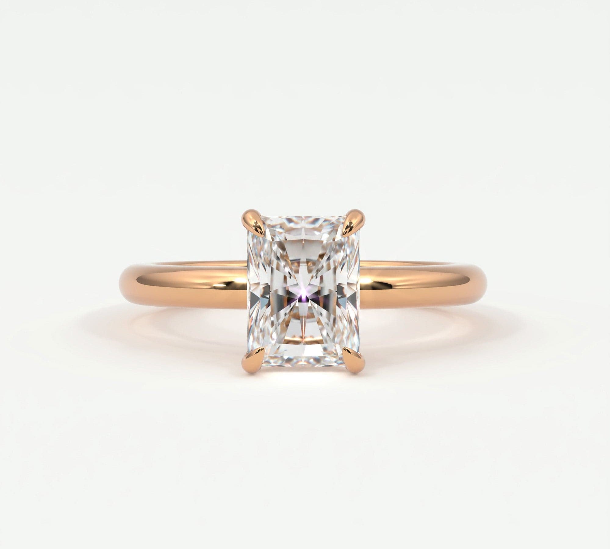 Rings 14K Rose Gold / 7.5 Radiant Cut Pave Diamond Hidden Halo, Gold Band