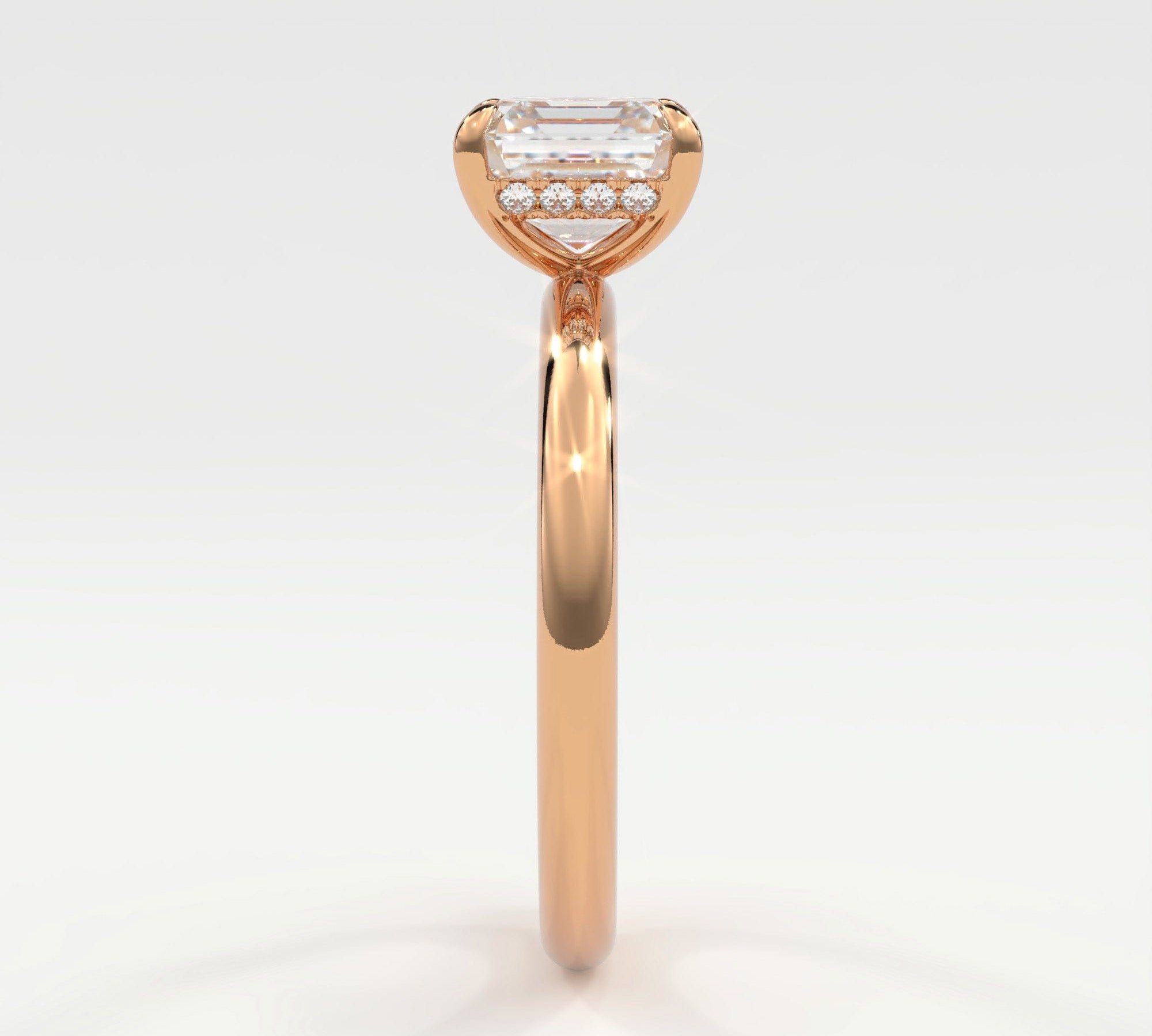 Rings 14K Rose Gold / 7 Asscher Cut Pave Diamond Hidden Halo, Gold Band