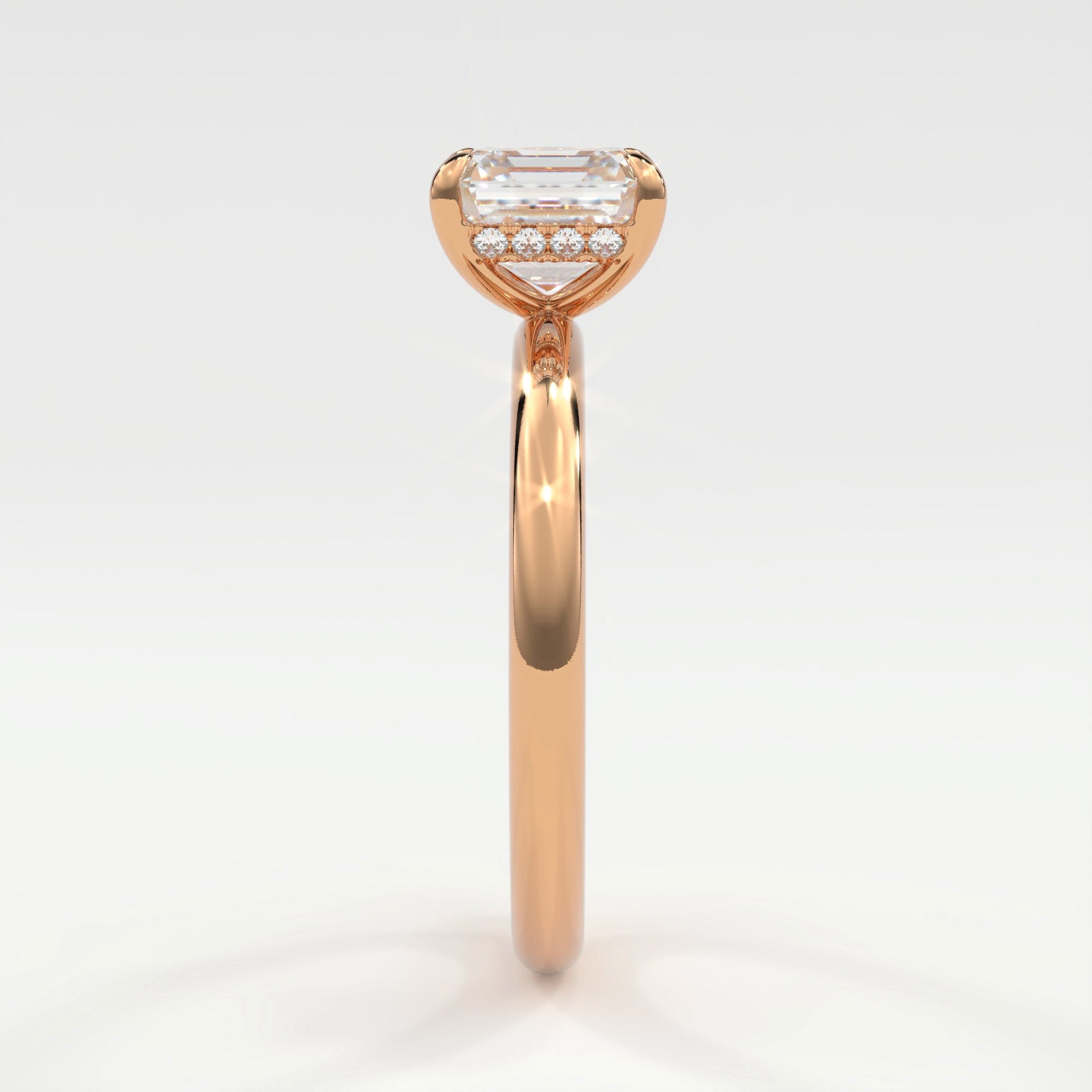 Rings 14K Rose Gold / 7 Asscher Cut Pave Diamond Hidden Halo, Gold Band