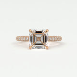 Rings 14K Rose Gold / 7 Asscher Cut Pave Diamond Hidden Halo Triple Row Band, 360