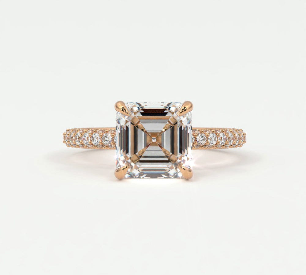 Rings 14K Rose Gold / 7 Asscher Cut Pave Diamond Hidden Halo Triple Row Band, 360