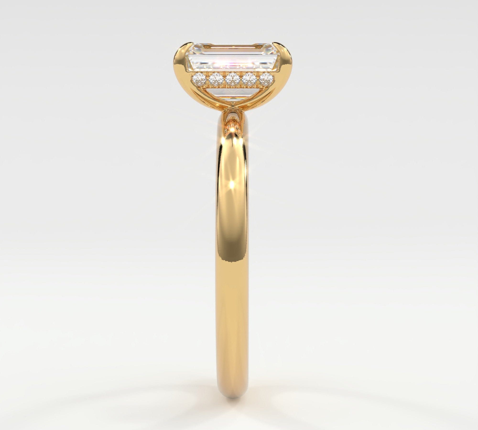 Rings 14K Rose Gold / 7 Emerald Cut Pave Diamond Hidden Halo, Gold Band