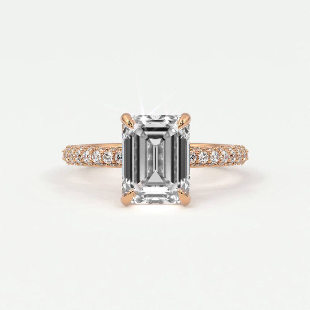 Rings 14K Rose Gold / 7 Emerald Cut Pave Diamond Hidden Halo Triple Row Band