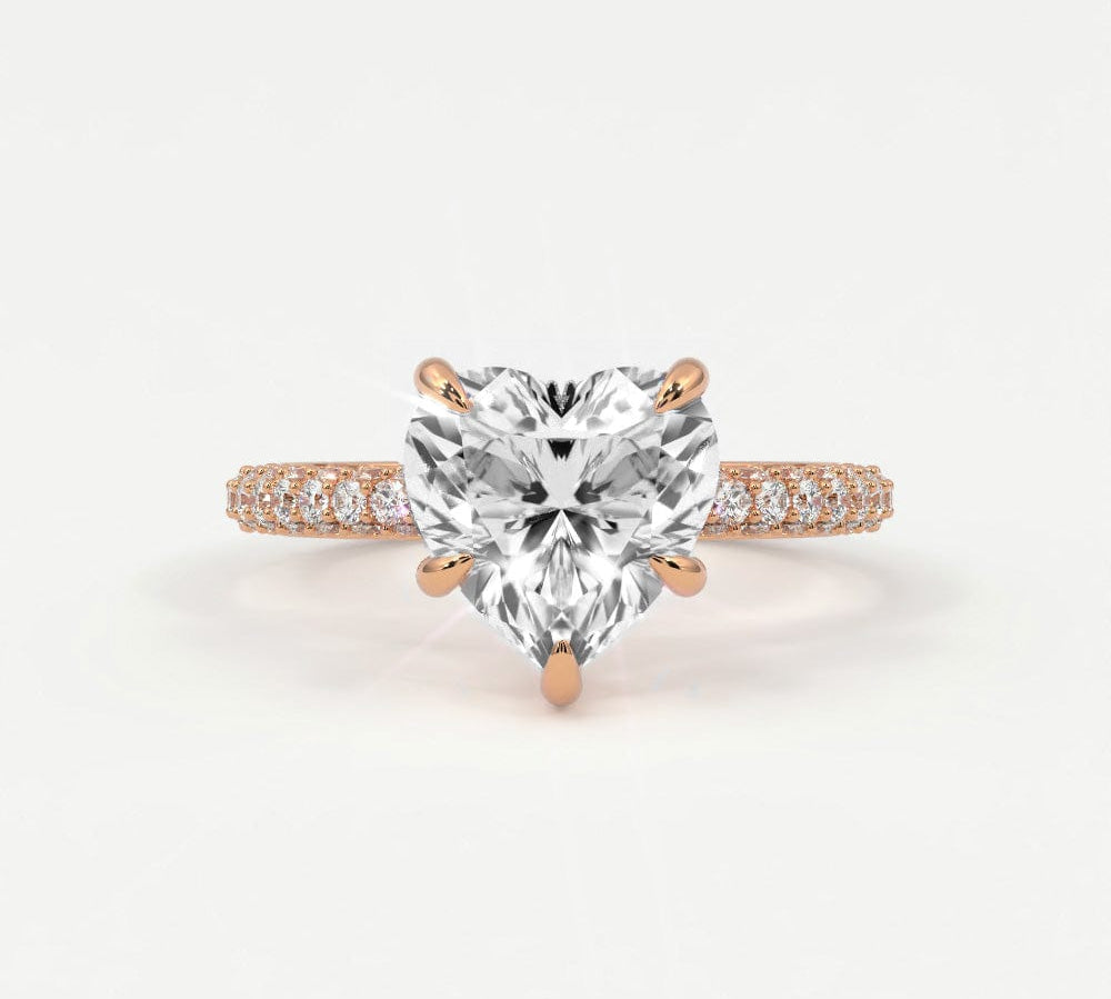 Rings 14K Rose Gold / 7 Heart Shape Pave Diamond Hidden Halo Triple Row Band