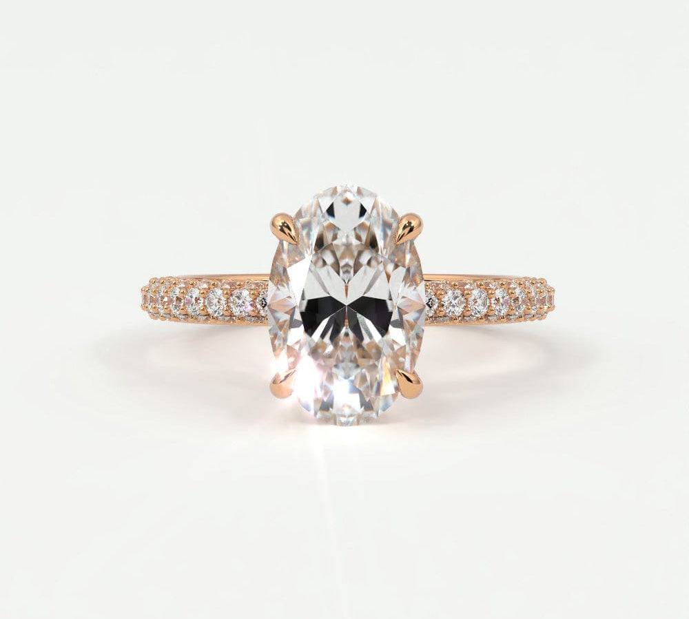 Rings 14K Rose Gold / 7 Oval Cut Pave Diamond Hidden Halo Triple Row Band, 360