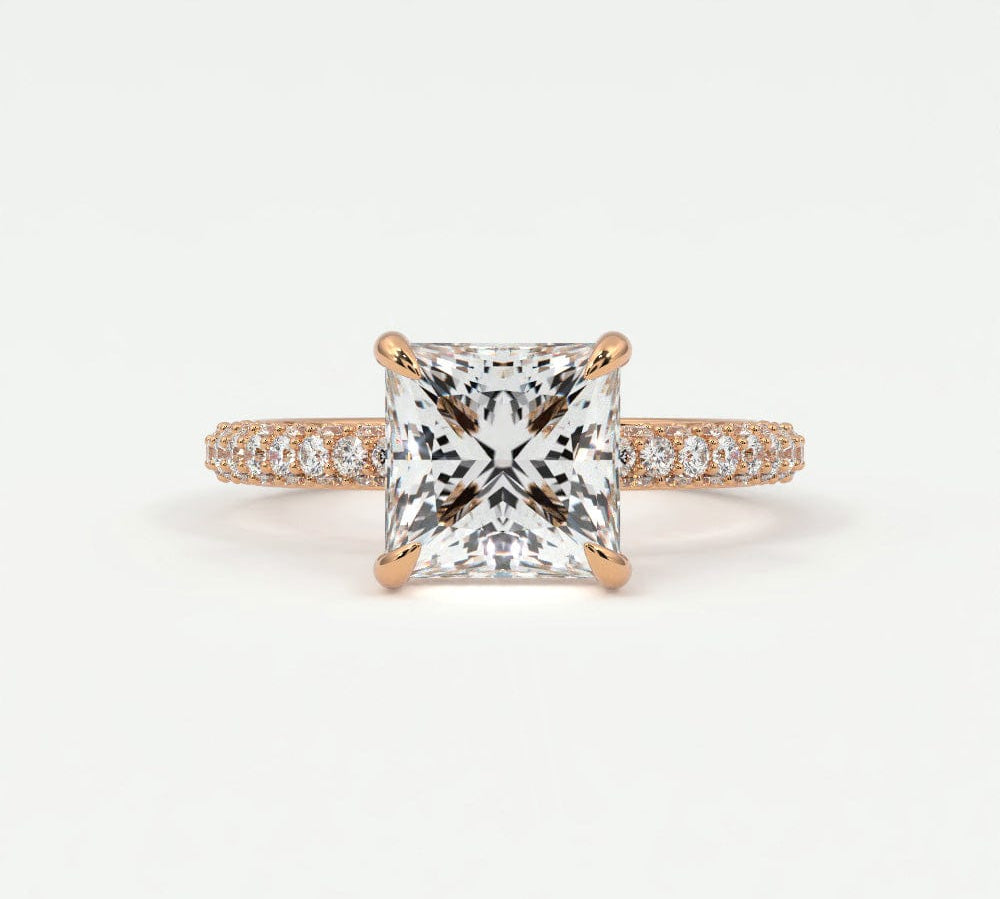 Rings 14K Rose Gold / 7 Princess Pave Diamond Hidden Halo Triple Row Band, 360