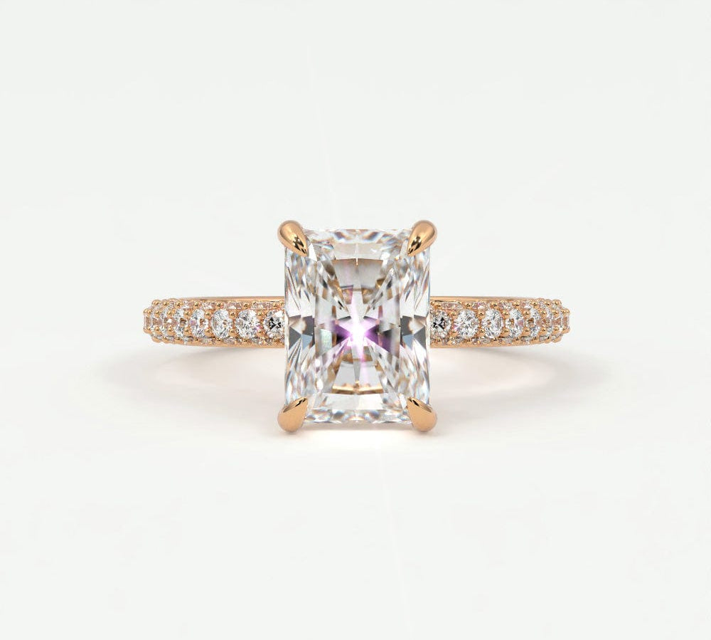 Rings 14K Rose Gold / 7 Radiant Cut Pave Diamond Hidden Halo Triple Row Band