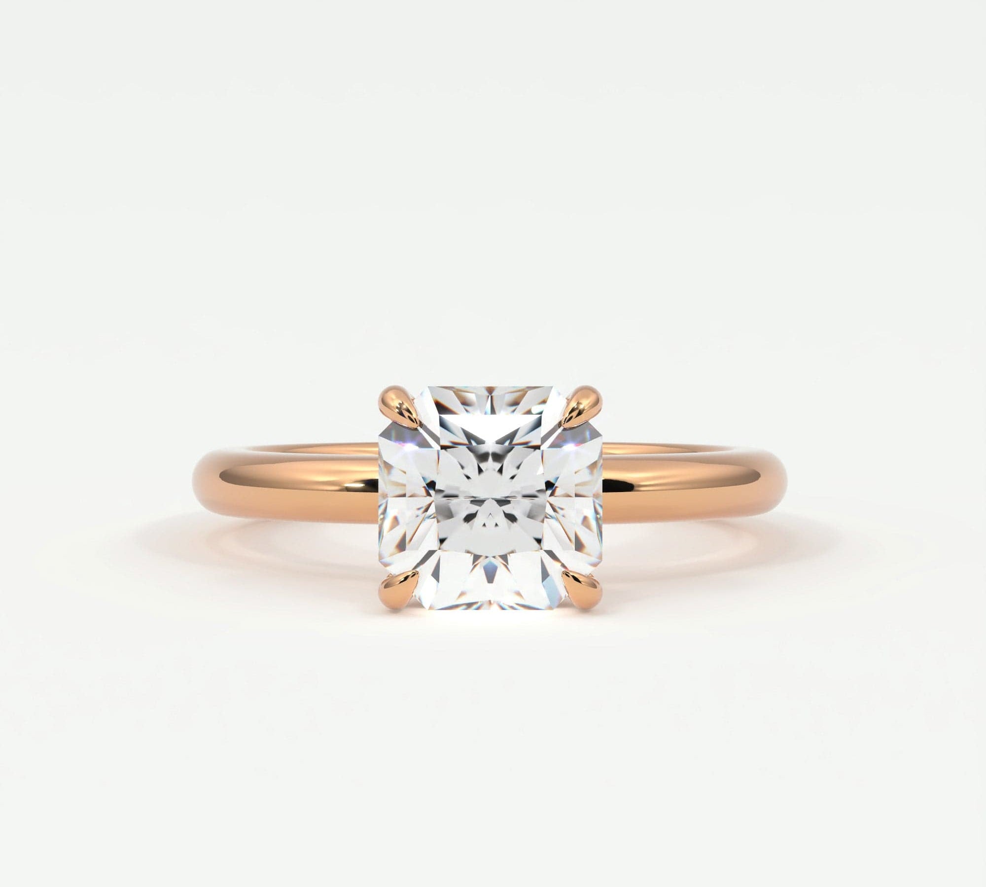 Rings 14K Rose Gold / 7 Square Radiant Cut Pave Diamond Hidden Halo, Gold Band