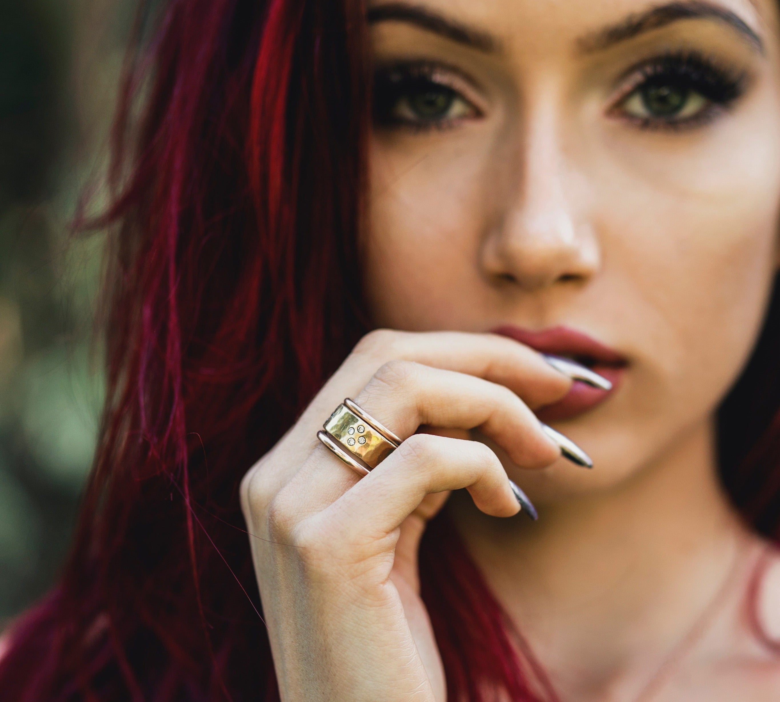 Rings 14K Solid Gold Thick Band with Diamonds Signature Ring