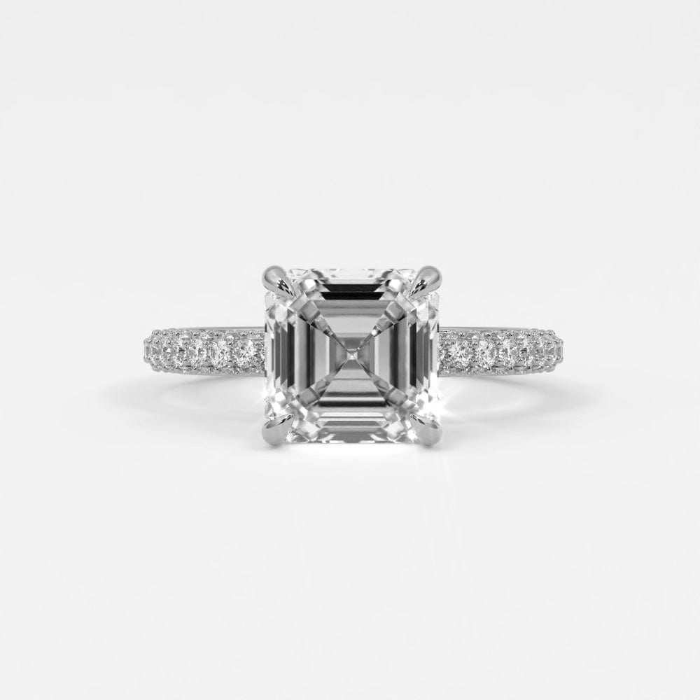 Rings 14K White Gold / 7 Asscher Cut Pave Diamond Hidden Halo Triple Row Band, 360