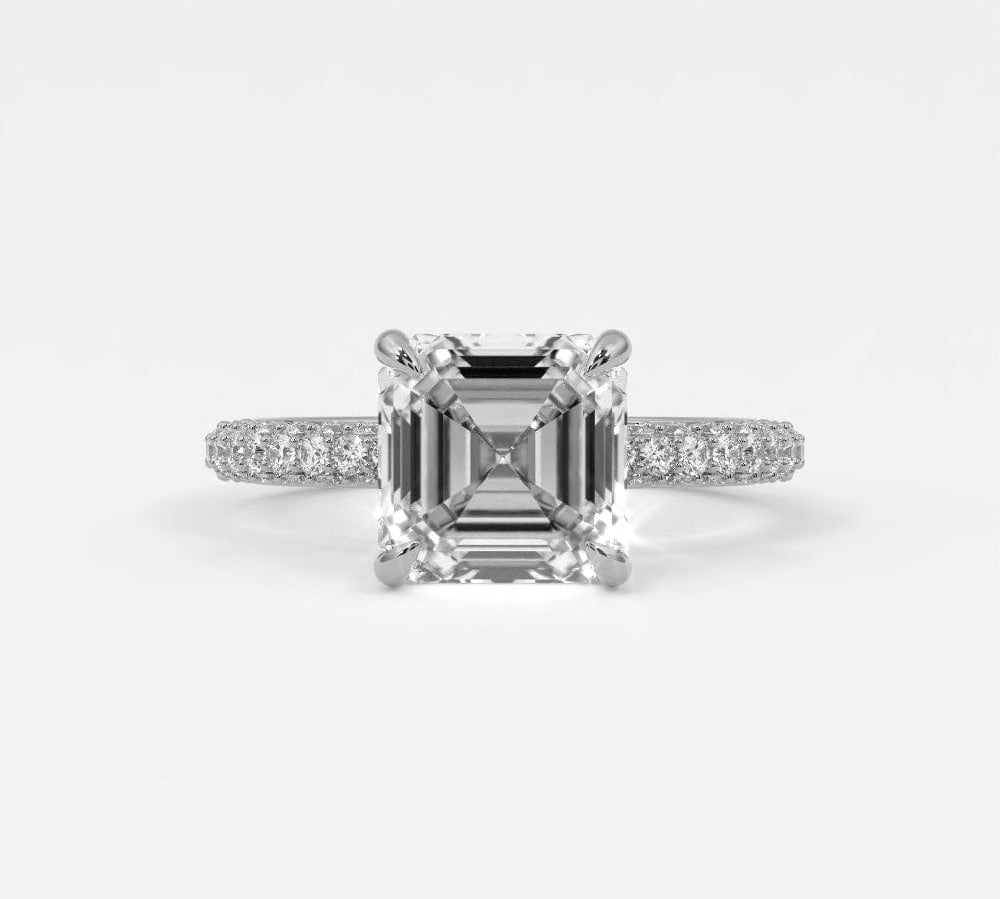Rings 14K White Gold / 7 Asscher Cut Pave Diamond Hidden Halo Triple Row Band, 360