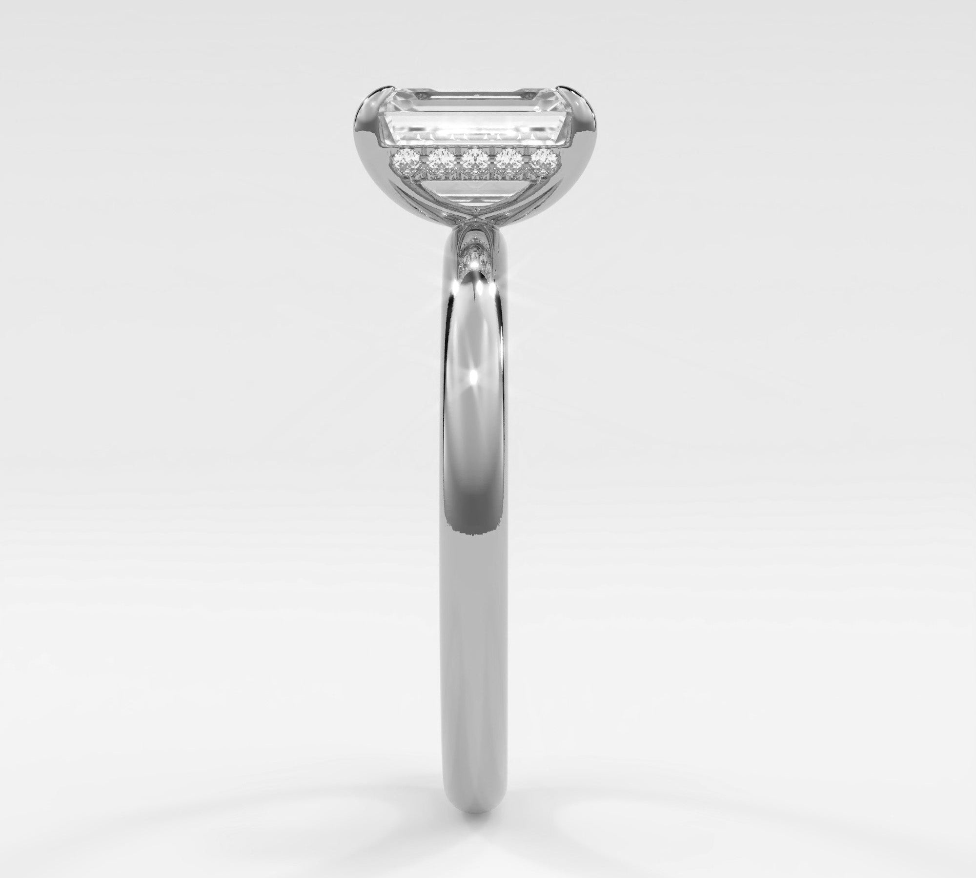 Rings 14K White Gold / 7 Emerald Cut Pave Diamond Hidden Halo, Gold Band