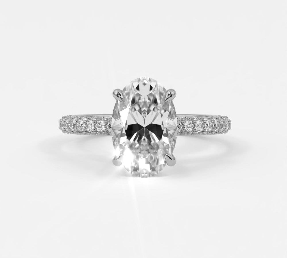 Rings 14K White Gold / 7 Oval Cut Pave Diamond Hidden Halo Triple Row Band, 360