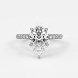Rings 14K White Gold / 7 Pear Shape Pave Diamond Hidden Halo Triple Row Band, 360