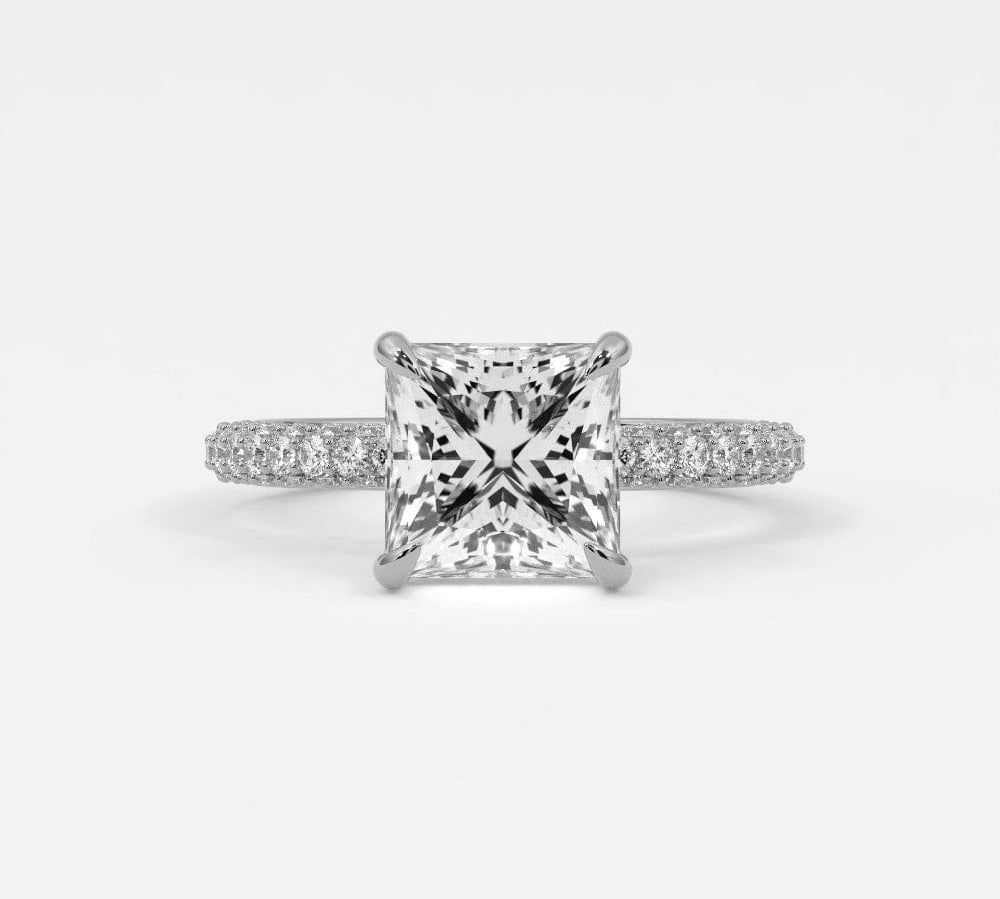 Rings 14K White Gold / 7 Princess Pave Diamond Hidden Halo Triple Row Band, 360