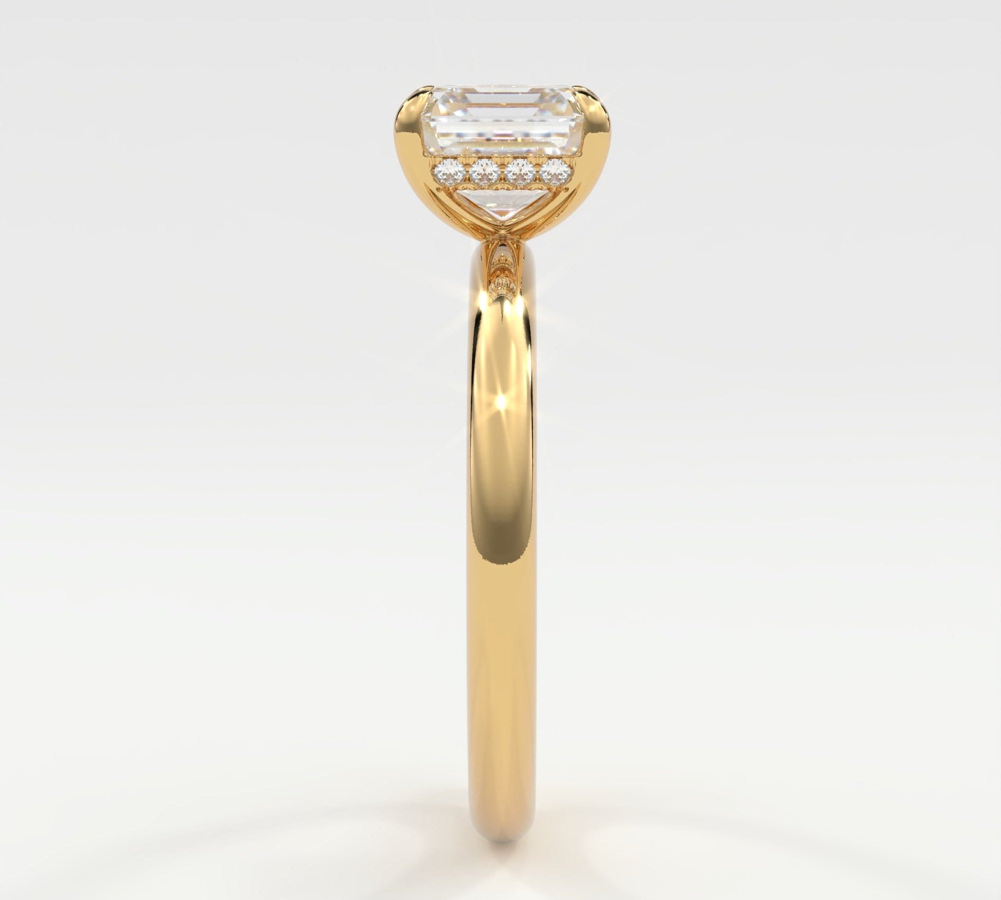 Rings 14K Yellow Gold / 7 Asscher Cut Pave Diamond Hidden Halo, Gold Band