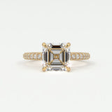 Rings 14K Yellow Gold / 7 Asscher Cut Pave Diamond Hidden Halo Triple Row Band, 360