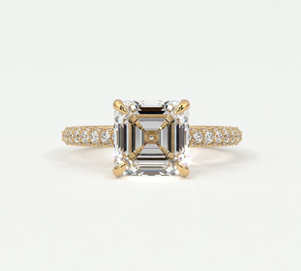 Rings 14K Yellow Gold / 7 Asscher Cut Pave Diamond Hidden Halo Triple Row Band, 360