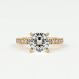 Rings 14K Yellow Gold / 7 Cushion Cut Diamond Pave Band, Hidden Halo