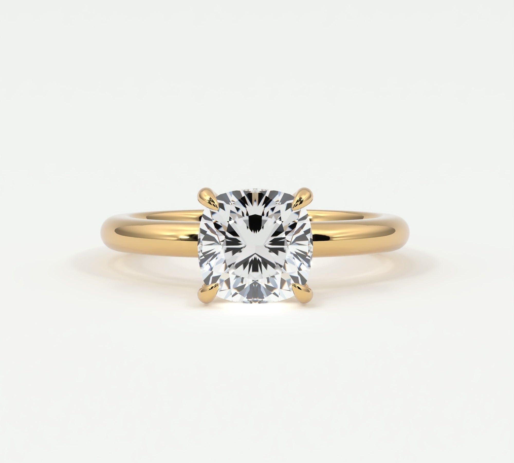 Rings 14K Yellow Gold / 7 Cushion Cut Pave Diamond Hidden Halo, Gold Band