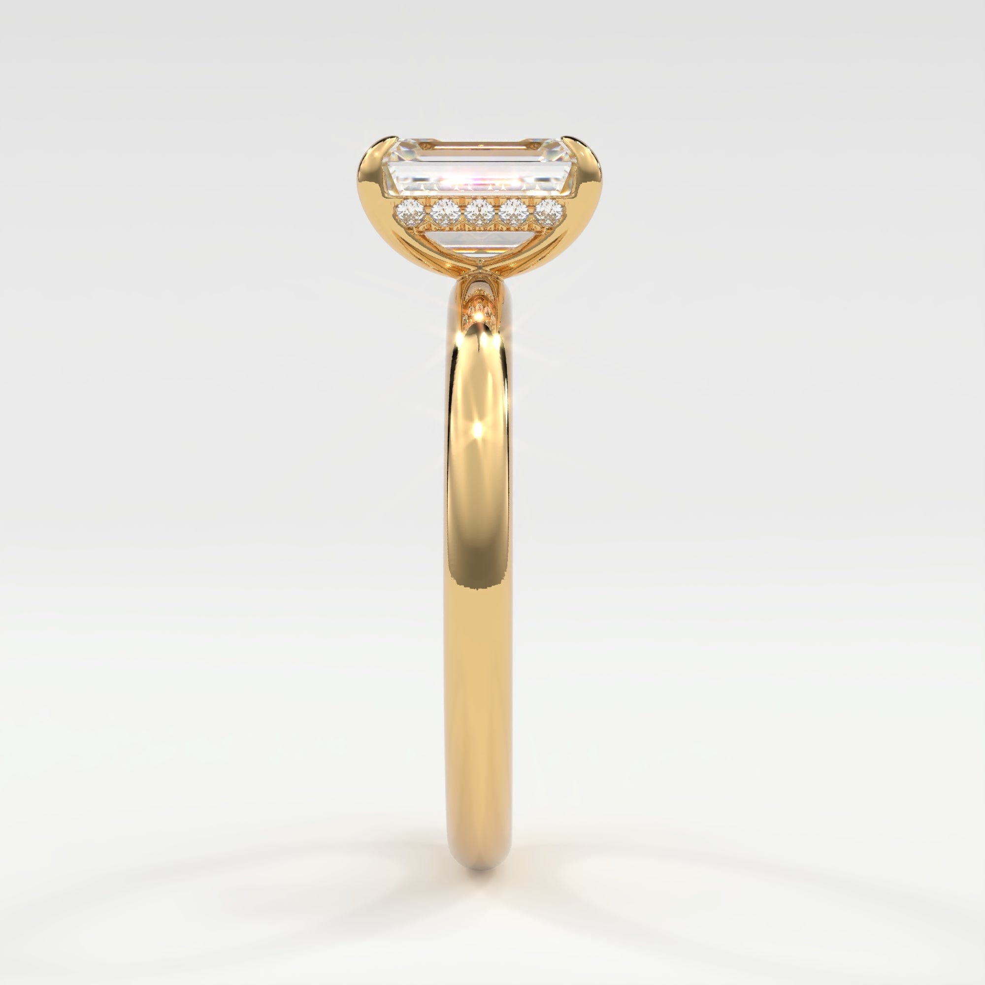 Rings 14K Yellow Gold / 7 Emerald Cut Pave Diamond Hidden Halo, Gold Band