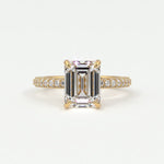Rings 14K Yellow Gold / 7 Emerald Cut Pave Diamond Hidden Halo Triple Row Band