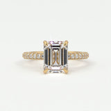 Rings 14K Yellow Gold / 7 Emerald Cut Pave Diamond Hidden Halo Triple Row Band