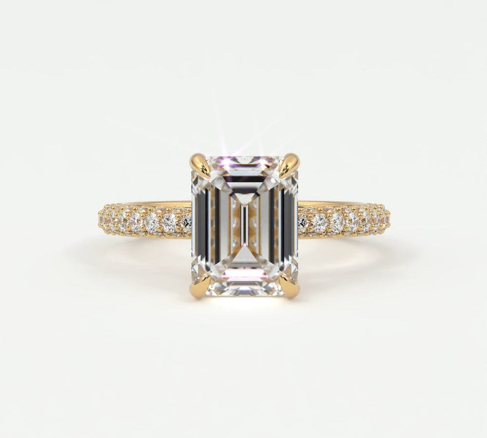 Rings 14K Yellow Gold / 7 Emerald Cut Pave Diamond Hidden Halo Triple Row Band