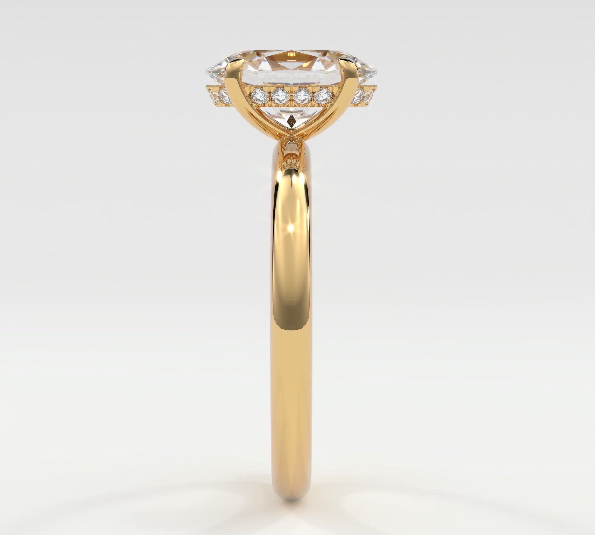 Rings 14K Yellow Gold / 7 Oval Cut Pave Diamond Hidden Halo, Gold Band