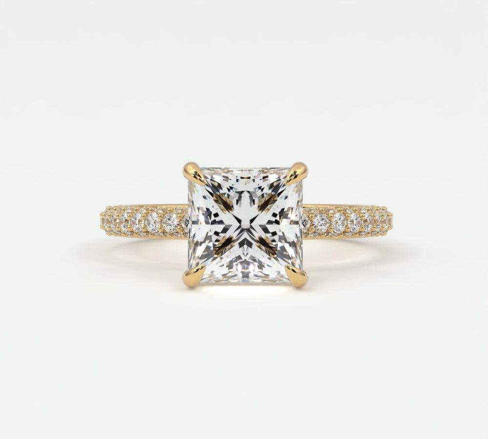 Rings 14K Yellow Gold / 7 Princess Pave Diamond Hidden Halo Triple Row Band, 360