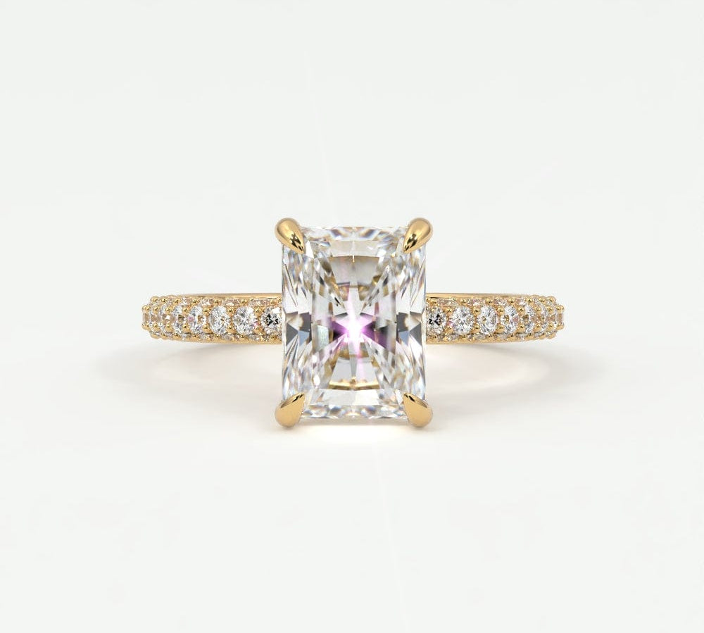 Rings 14K Yellow Gold / 7 Radiant Cut Pave Diamond Hidden Halo Triple Row Band
